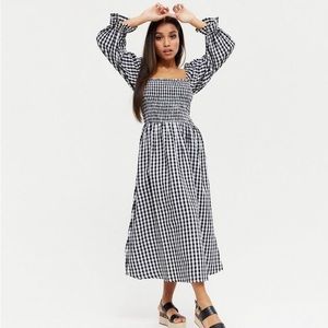 Newlook Asos Shirred Midi Dress in Black Check Gingham